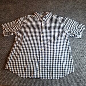Columbia Mens Large Short Sleeve Gingham Button Down Shirt Navy White XM7360